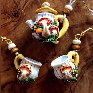 Merry mushroom, teapot jewelry, mushroom earrings